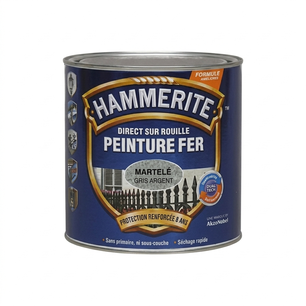 Pot de peinture pour métaux Hammerite Peinture Fer aspect martelé couleur gris argent direct sur rouille.