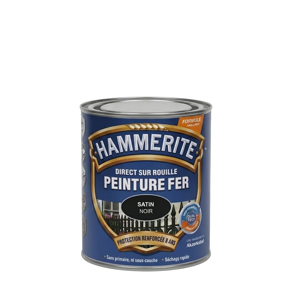 Pot de peinture pour fer Hammerite Noir Satin appliqué directement sur la rouille.