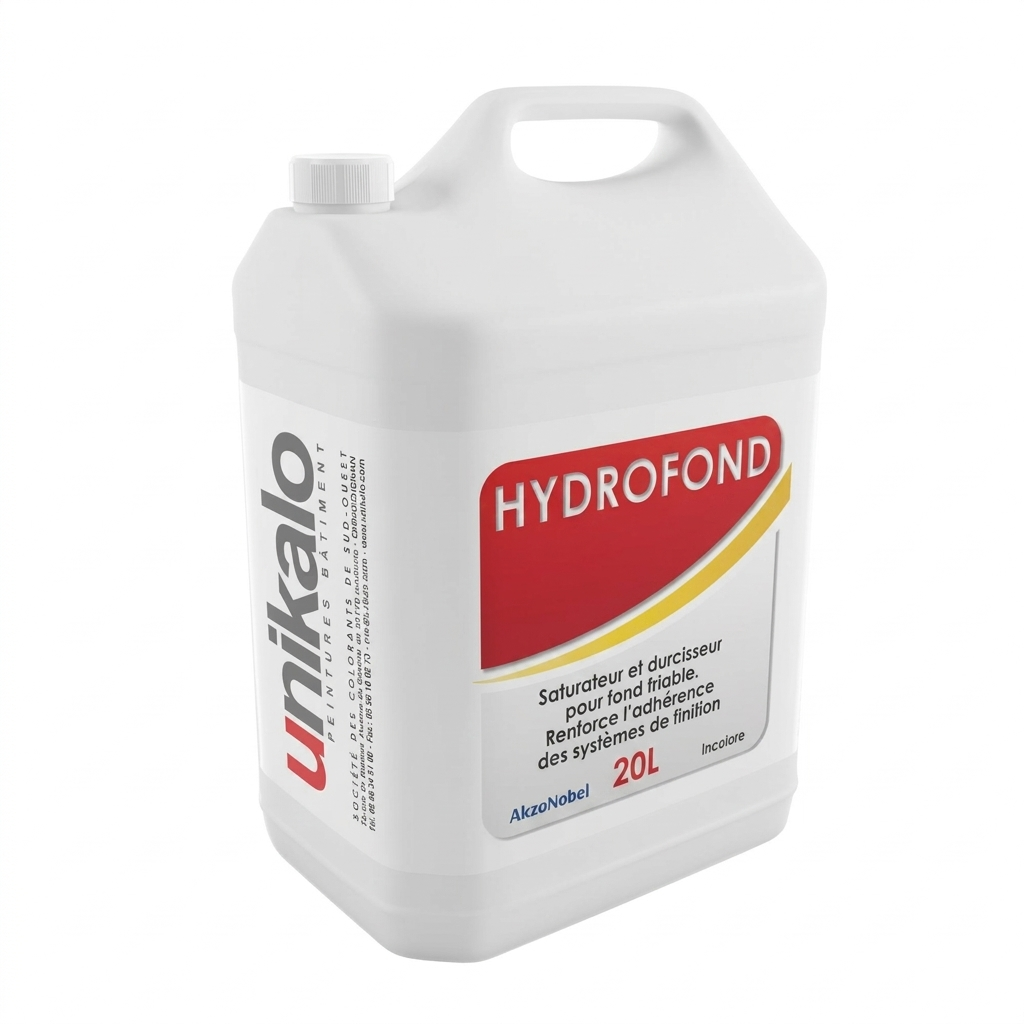 Bidon blanc de saturateur et durcisseur de fond Unikalo Hydrofond de 20 litres.