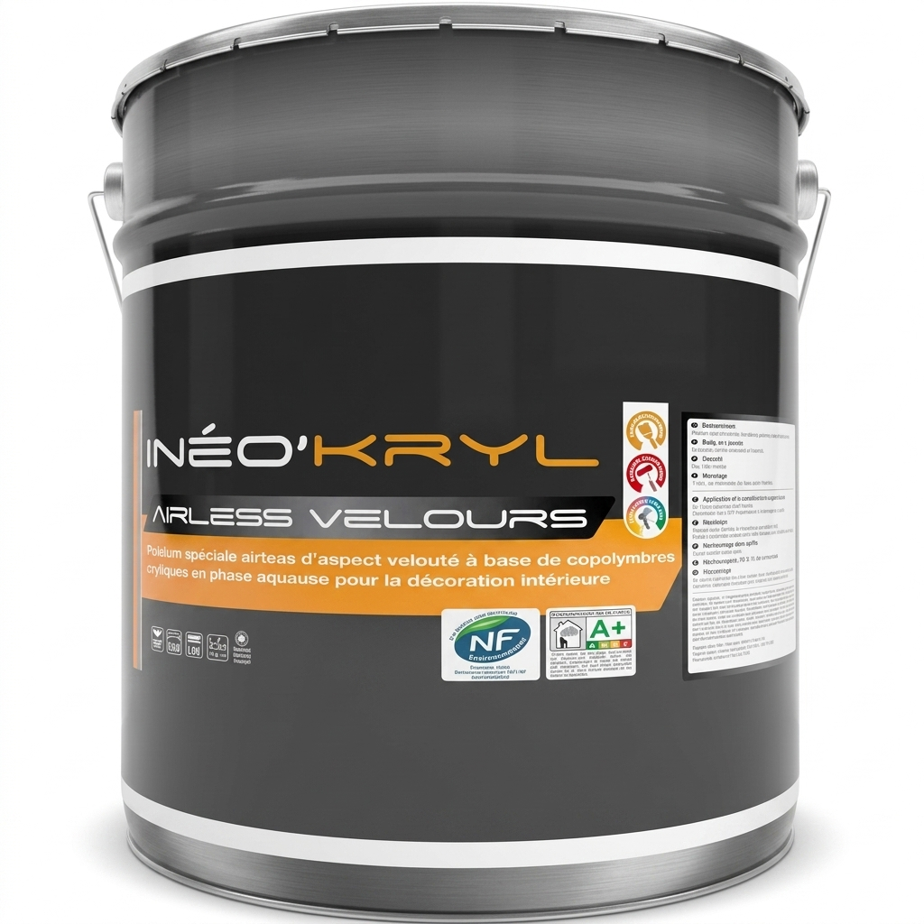 Grand seau de peinture acrylique Unikalo Inéo'kryl Airless Velours pour application au pistolet.