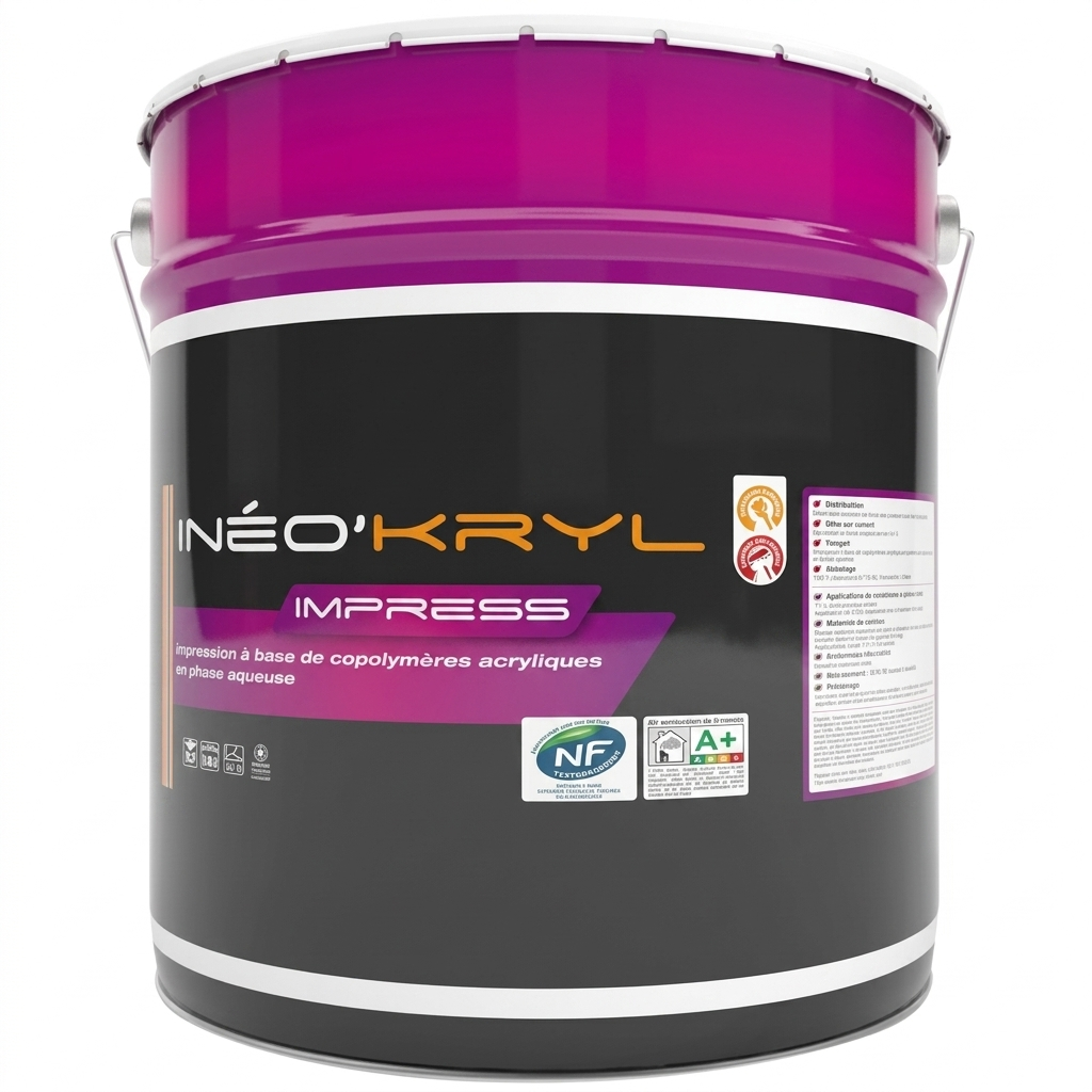 Grand seau de peinture d'impression professionnelle Unikalo Inéo'Kryl Impress avec labels NF Environnement et A+.