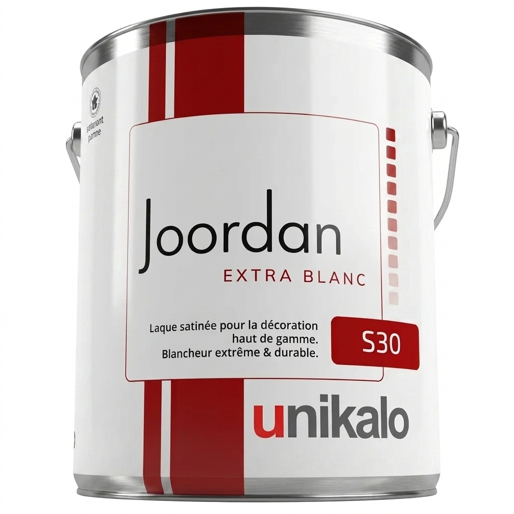 Pot de laque satinée Unikalo Joordan Extra Blanc pour la décoration intérieure haut de gamme.