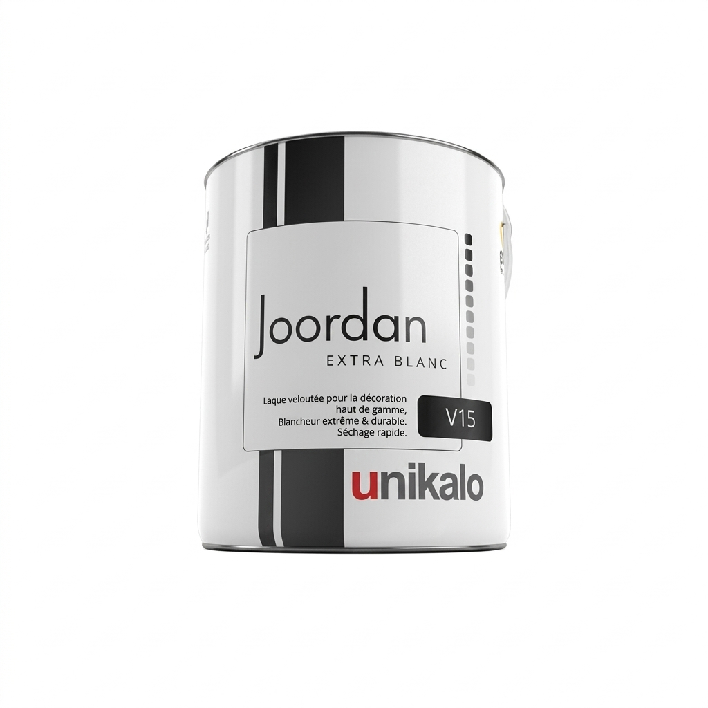 Pot de laque veloutée haut de gamme Unikalo Joordan V15 Extra Blanc pour la décoration intérieure.
