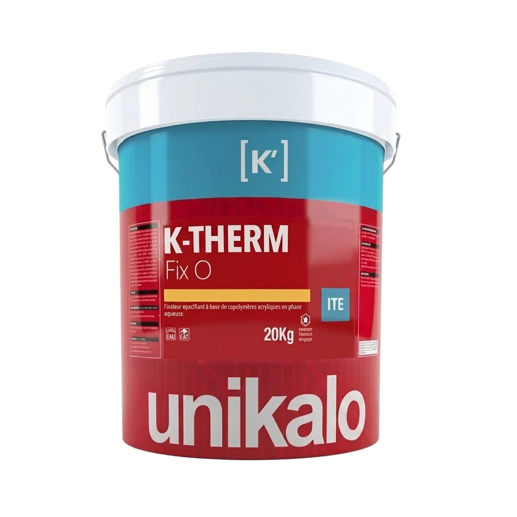 Grand seau de 20Kg de fixateur opacifiant Unikalo K-THERM Fix O pour systèmes d'isolation thermique par l'extérieur.