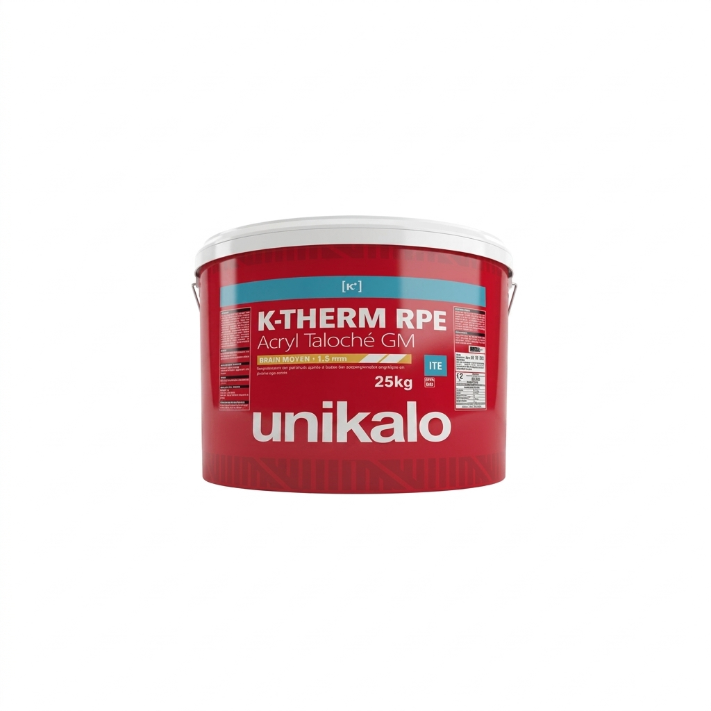 Seau de revêtement acrylique taloché grain moyen Unikalo K-Therm RPE Acryl Taloché GM pour finition ITE.