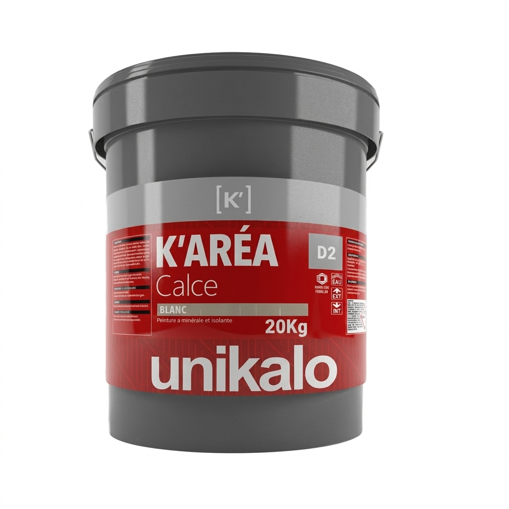 Grand seau gris de peinture minérale et isolante de classe D2 Unikalo K'Aréa Calce en format 20 Kg.
