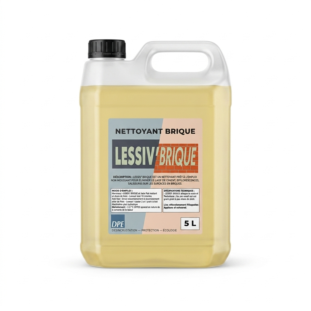 Bidon de 5L de nettoyant Lessiv'Brique pour surfaces en briques.
