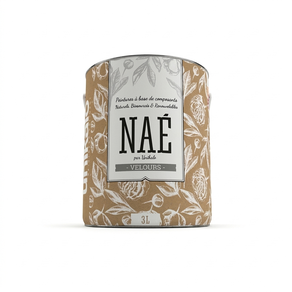 Pot de 3L de peinture biosourcée d'aspect velouté Unikalo Naé Velours pour la décoration intérieure écologique des murs et plafonds.