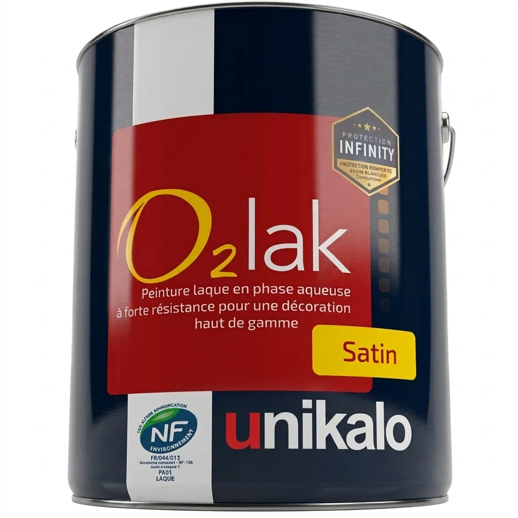Pot de peinture laque satinée en phase aqueuse Unikalo O2lak Satin à forte résistance pour la décoration intérieure haut de gamme.