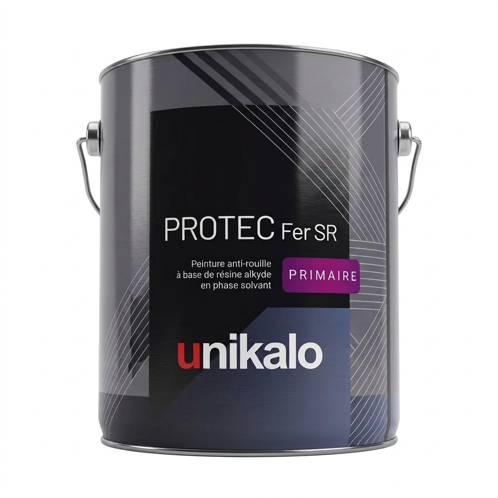 Pot de peinture primaire anti-rouille PROTEC Fer SR d'Unikalo à base de résine alkyde en phase solvant.
