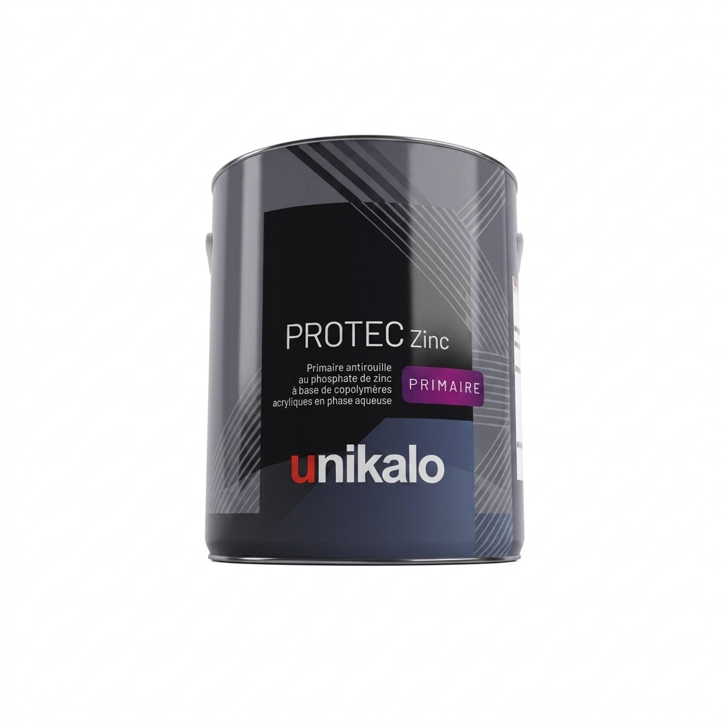 Pot de peinture primaire antirouille au phosphate de zinc Unikalo Protec Zinc en phase aqueuse.