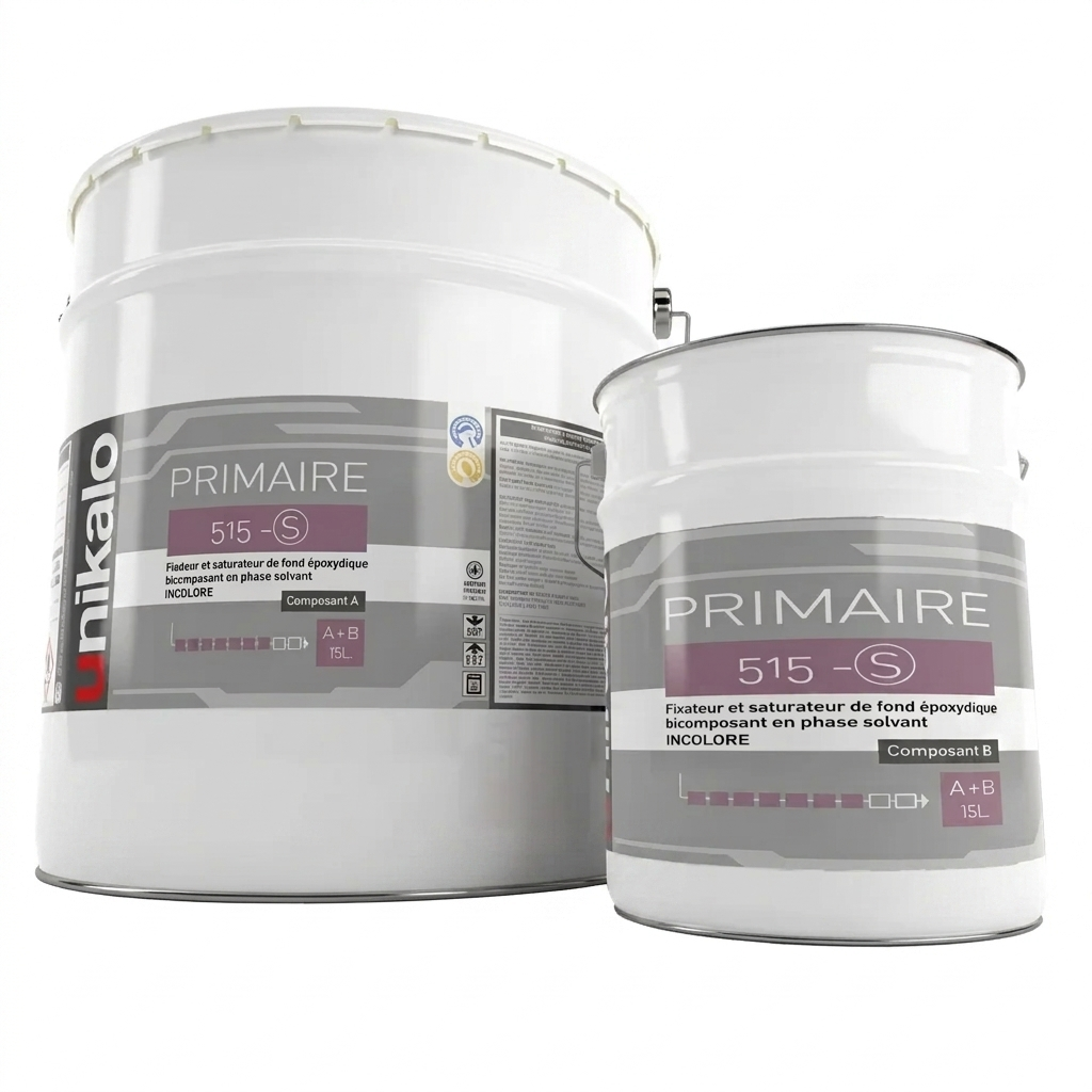 Kit bicomposant de primaire 515-S Unikalo, fixateur et saturateur de fond époxydique en phase solvant (Composant A et Composant B).