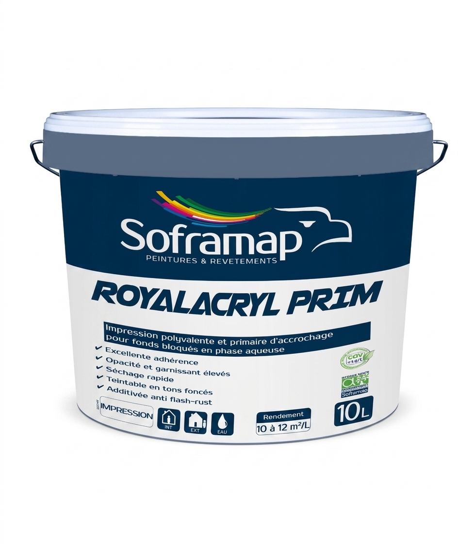 Seau plastique d'impression polyvalente et primaire d'accrochage pour fonds bloqués Soframap Royalacryl Prim de 10 litres