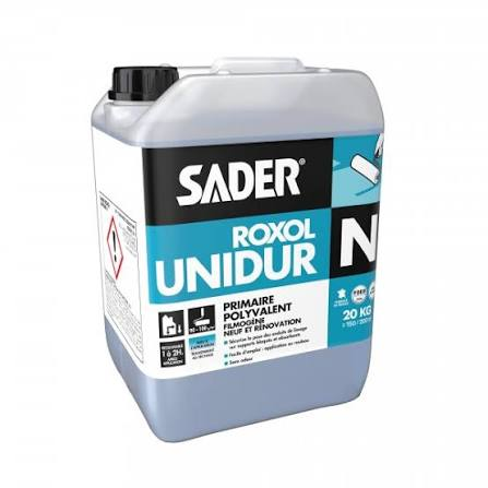 Bidon de 5 kg de primaire polyvalent filmogène Sader Roxol Unidur N pour neuf et rénovation.