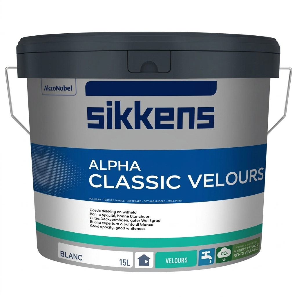 Pot de peinture Sikkens Alpha Classic Velours finition veloutée aspect blanc.