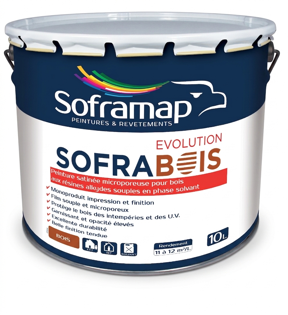 Bidon métallique de peinture satinée microporeuse pour bois aux résines alkydes souples en phase solvant Soframap Sofrabois Evolution de 10 litres.
