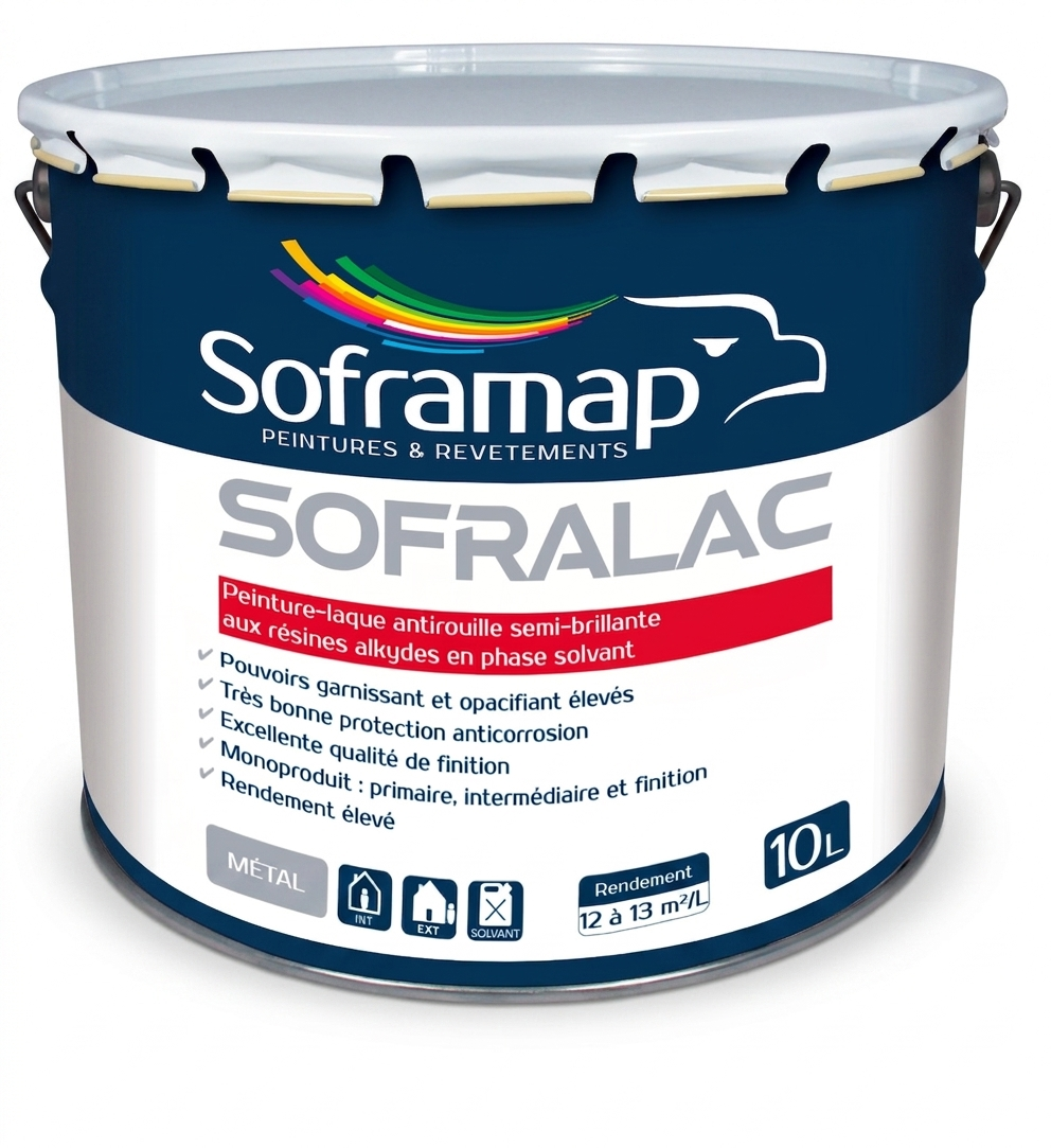 Bidon métallique de peinture-laque antirouille semi-brillante aux résines alkydes en phase solvant Soframap Sofralac de 10 litres.