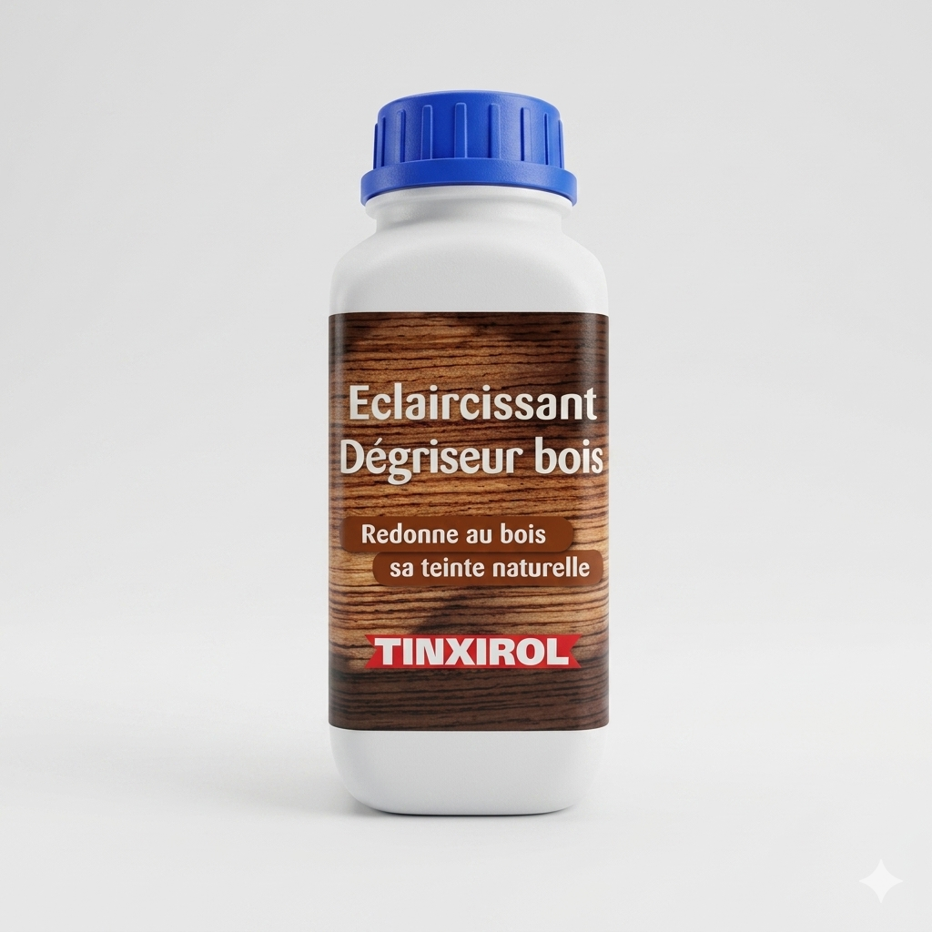 Flacon blanc d'éclaircissant dégriseur pour bois Tinxirol avec bouchon bleu.