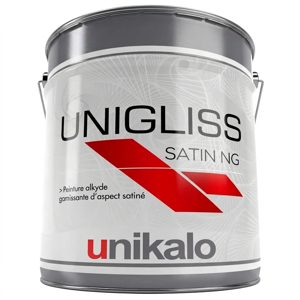 Pot de peinture alkyde garnissante Unigliss Satin NG d'Unikalo d'aspect satiné.