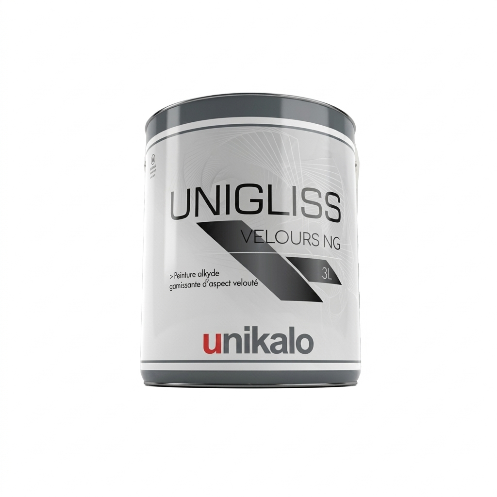 Pot de peinture alkyde garnissante Unikalo Unigliss Velours NG de 3 litres d'aspect velouté.