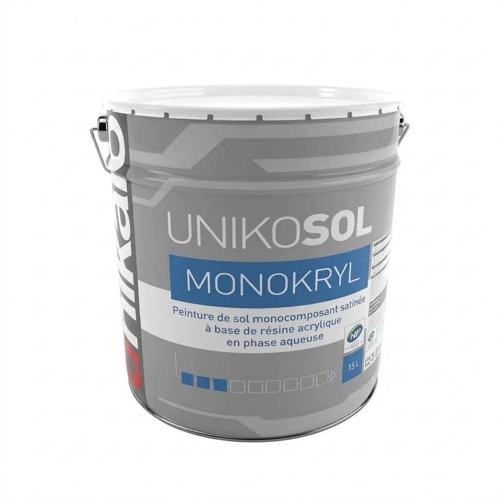 Grand pot de peinture de sol monocomposant satinée Unikalo Unikosol Monokryl à base de résine acrylique en phase aqueuse.