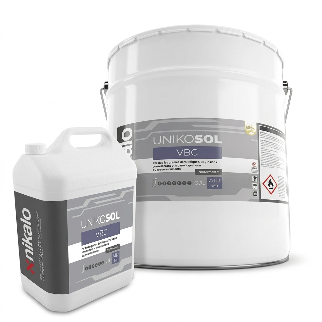 Un grand bidon métallique blanc et un jerrycan blanc de revêtement technique bicomposant Unikalo Unikosol VBC.
