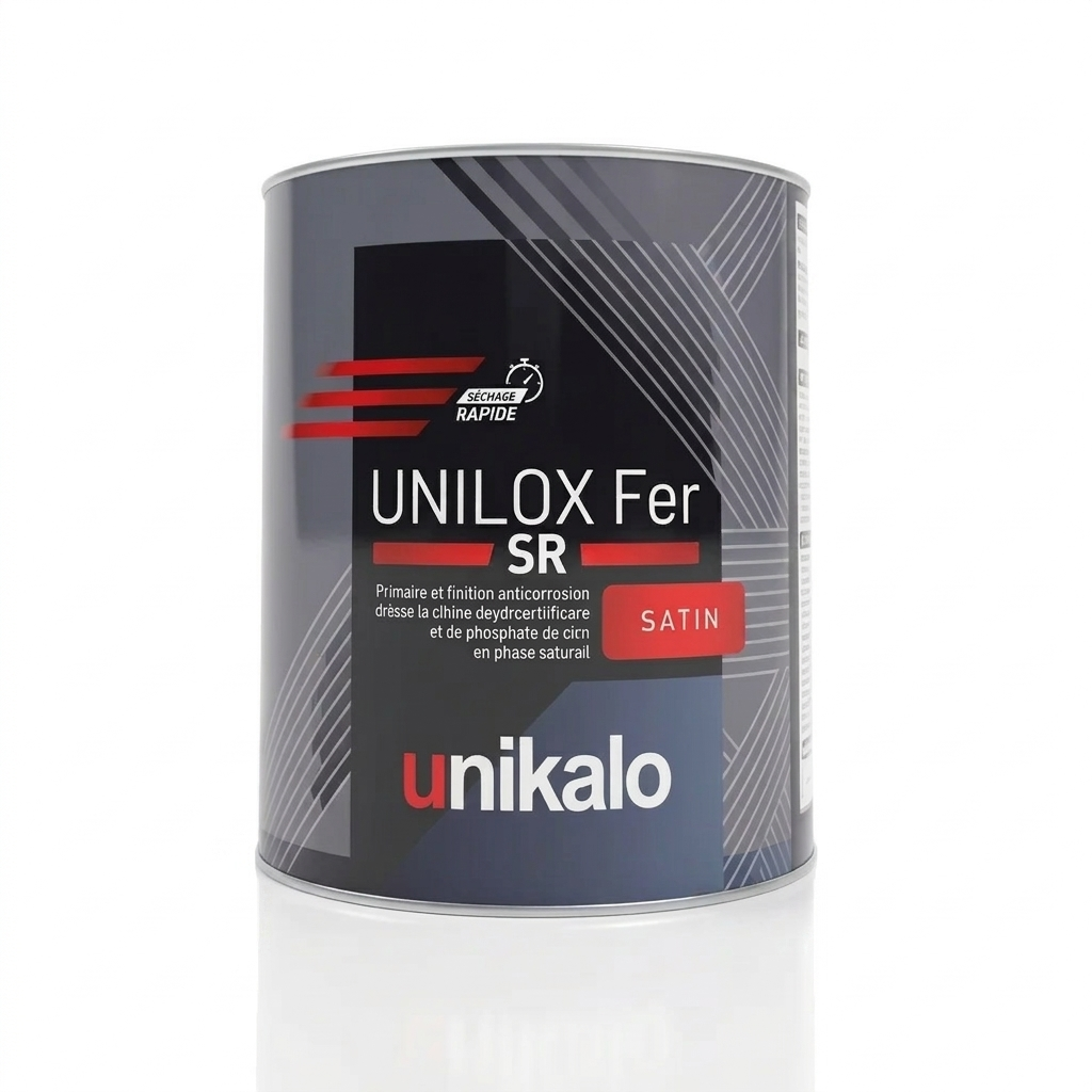 Pot de peinture primaire et finition anticorrosion à séchage rapide UNILOX Fer SR d'Unikalo, aspect satin.