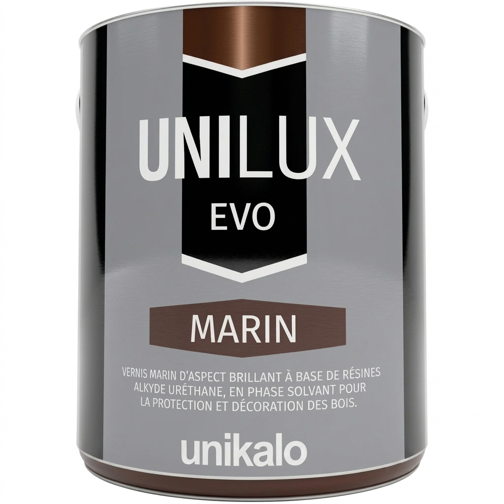 Pot de vernis marin brillant UNILUX EVO MARIN d'Unikalo à base de résines alkyde uréthane pour la protection des bois.