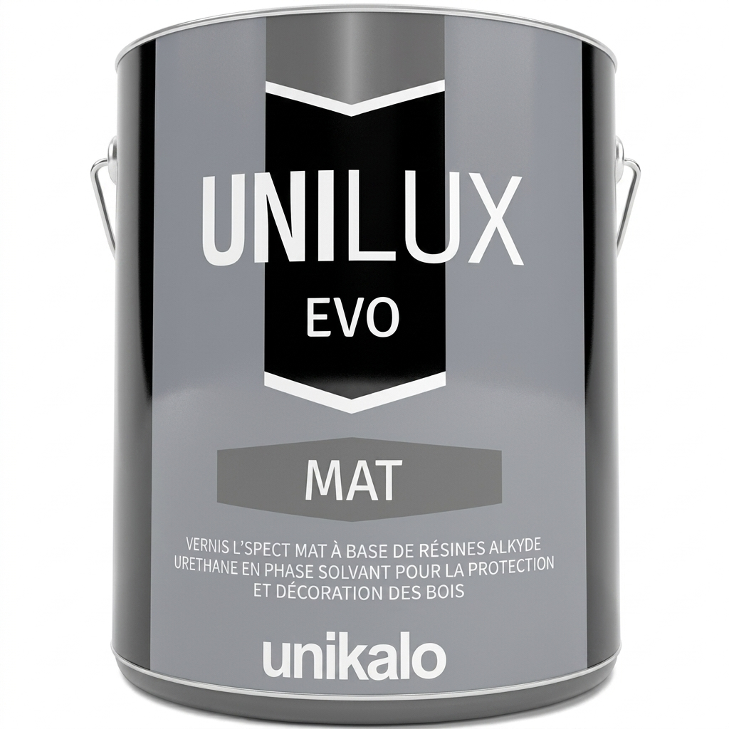 Bidon métallique gris de vernis alkyde uréthane mat Unikalo Unilux Evo pour la protection et la décoration des bois.