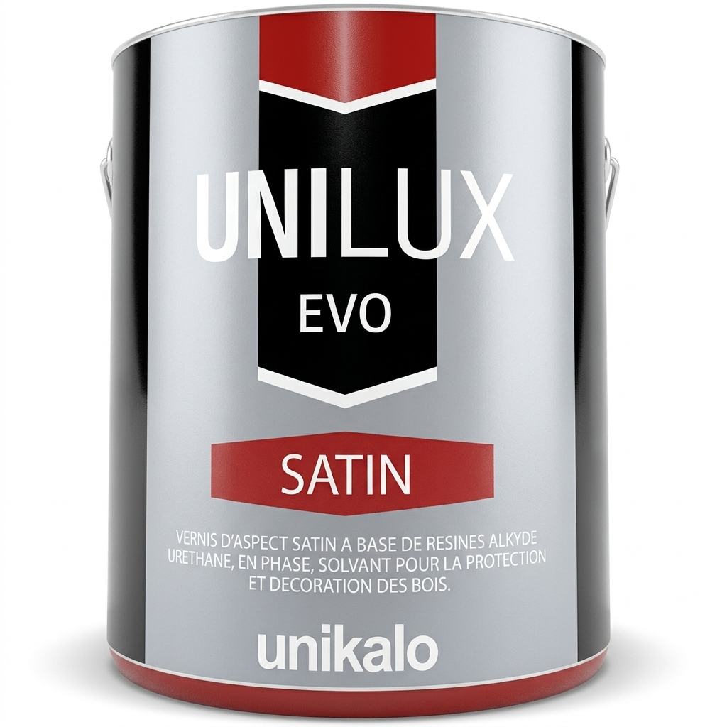 Pot de vernis pour bois d'aspect satiné Unikalo Unilux Evo Satin à base de résines alkyde uréthane.
