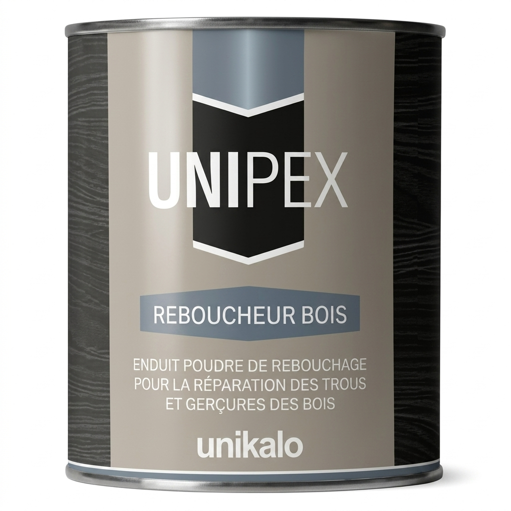 Bidon métallique de l'enduit en poudre de rebouchage Unikalo Unipex Reboucheur Bois pour la réparation des trous et gerçures.