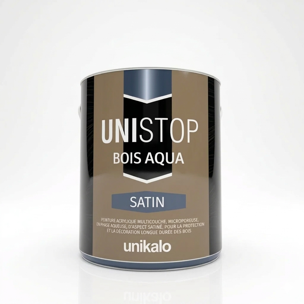Pot de peinture acrylique multicouche UNISTOP BOIS AQUA d'Unikalo, aspect satiné pour la protection et la décoration des bois.