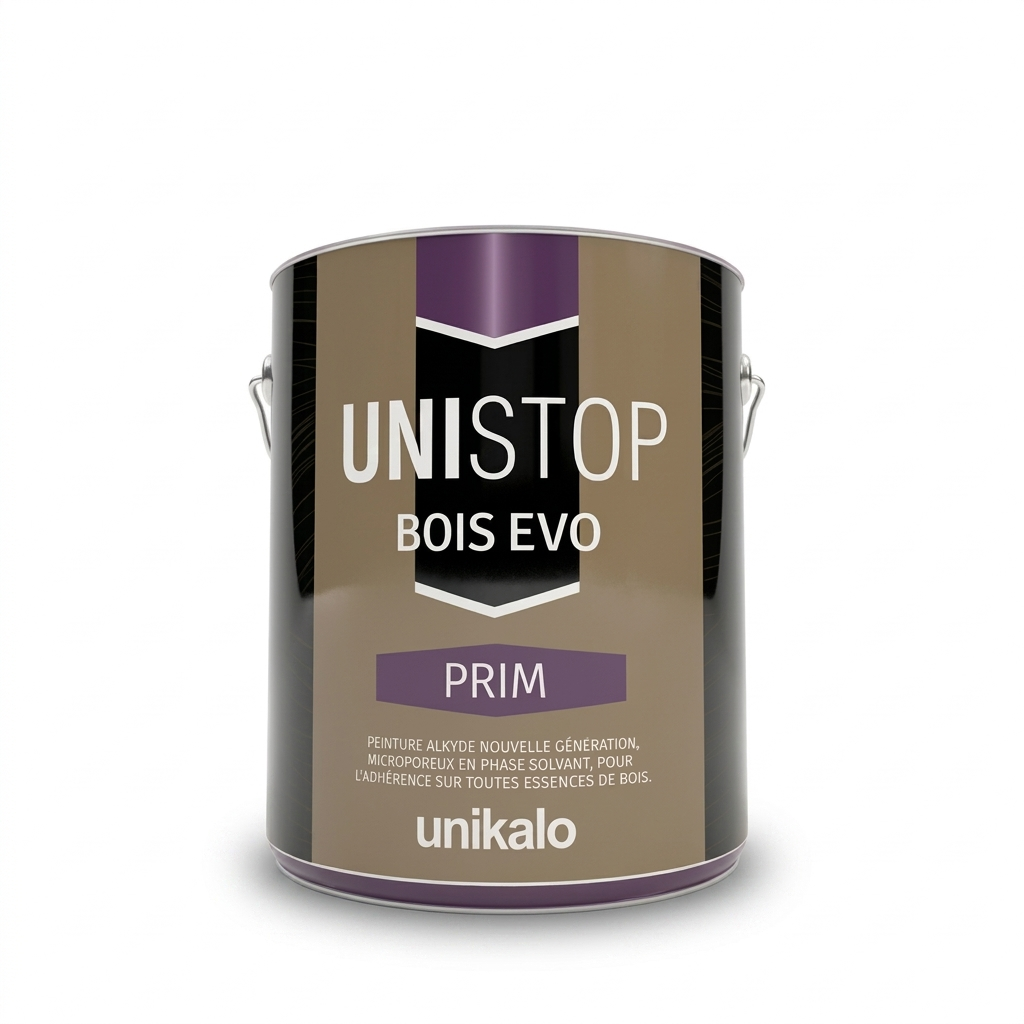 Pot de peinture primaire microporeux UNISTOP BOIS EVO PRIM d'Unikalo pour l'adhérence sur toutes essences de bois.
