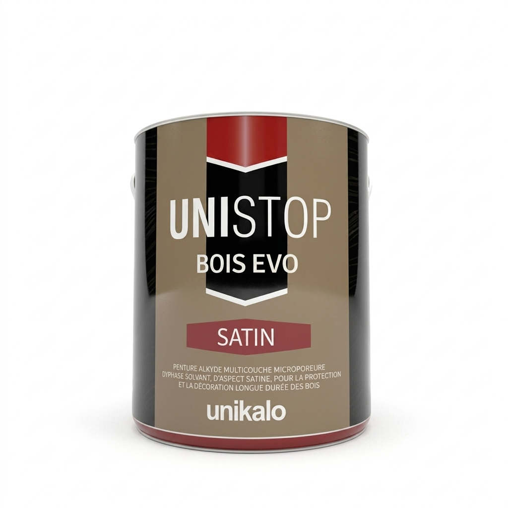 Pot de peinture alkyde multicouche microporeuse d'aspect satiné Unikalo Unistop Bois Evo.