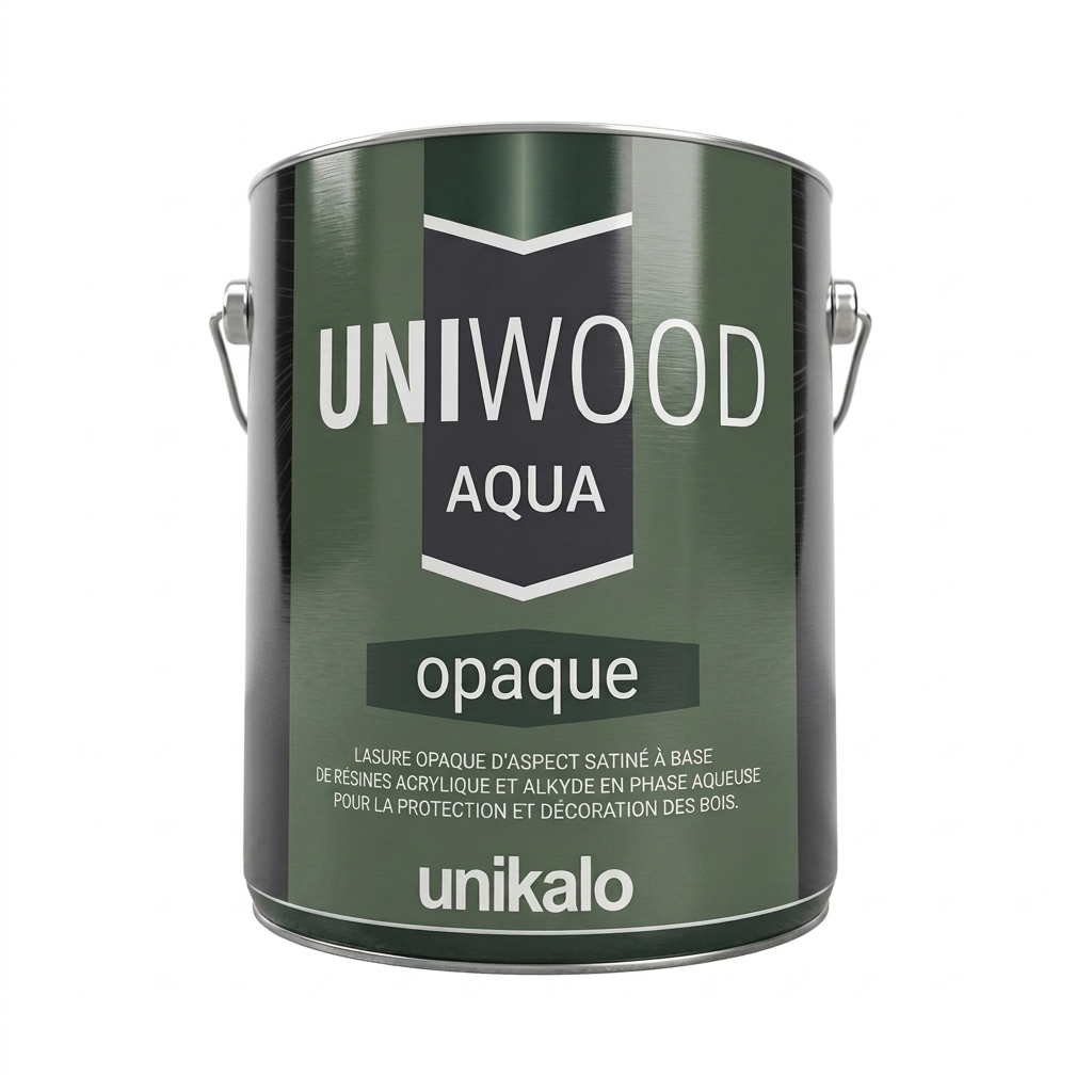 Pot de lasure opaque d'aspect satiné UNIWOOD AQUA de la marque Unikalo pour la protection et la décoration des bois.