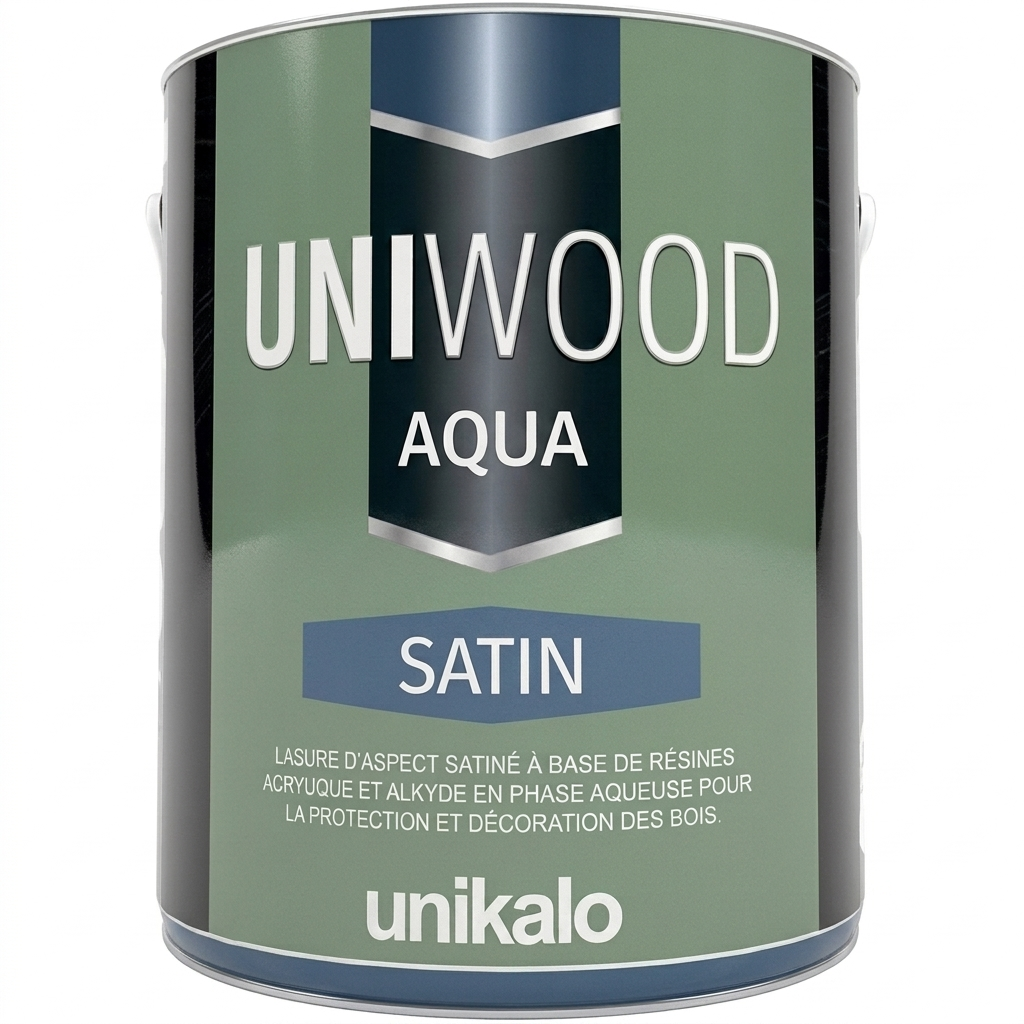 Pot de lasure fluide d'aspect satiné UNIWOOD EVO FLUIDE d'Unikalo à base de résine alkyde en phase solvant.