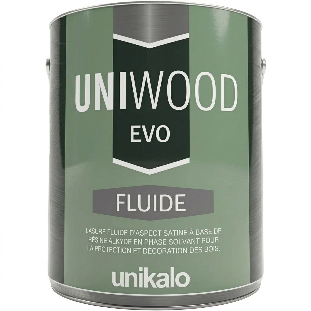 Pot de lasure fluide d'aspect satiné UNIWOOD EVO FLUIDE d'Unikalo à base de résine alkyde en phase solvant.