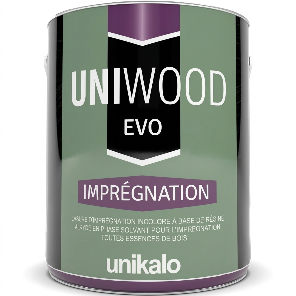 Pot de lasure d'imprégnation incolore pour bois Unikalo Uniwood Evo Imprégnation en phase solvant.