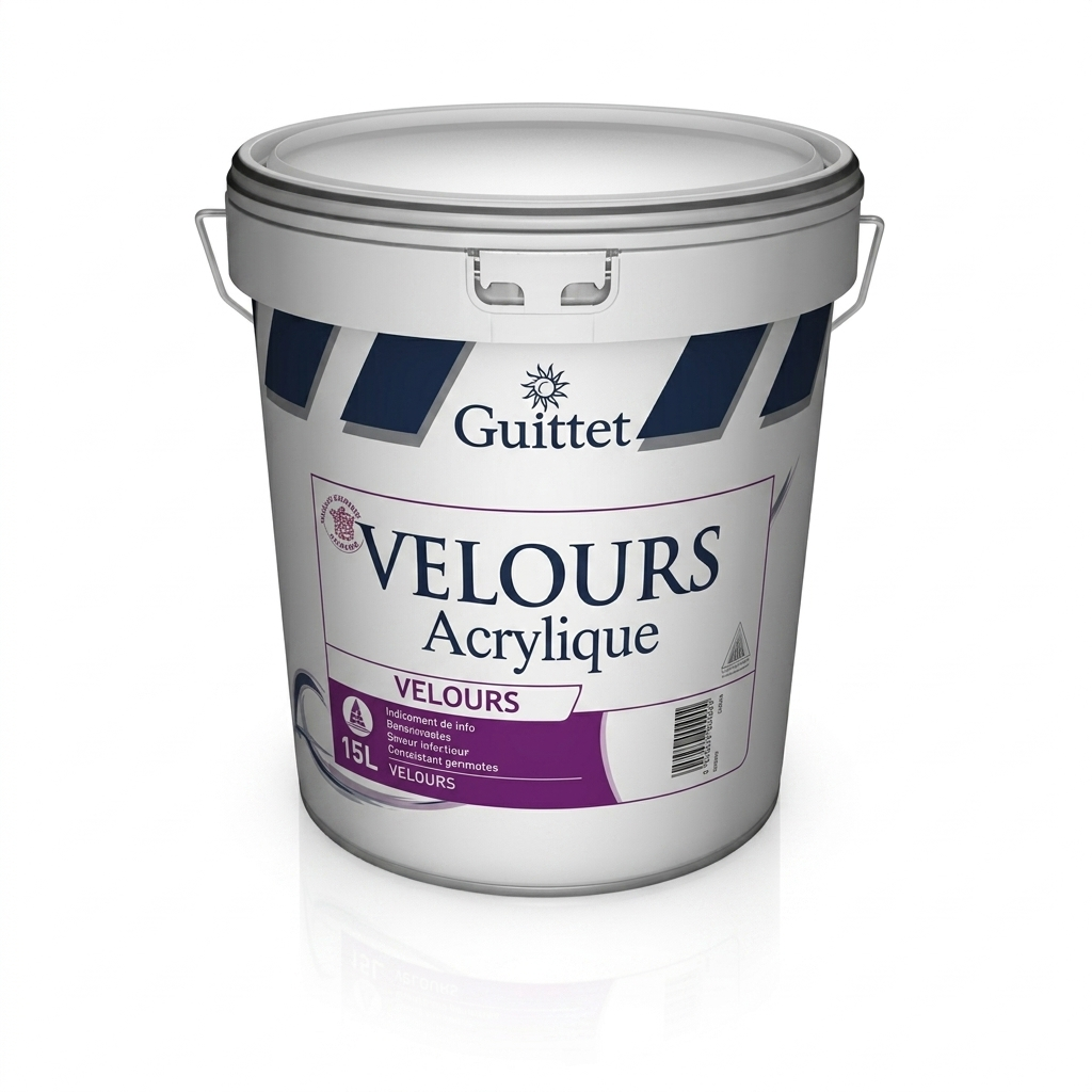 Pot de peinture de finition veloutée Guittet Velours Acrylique de 15 litres pour murs et plafonds intérieurs.