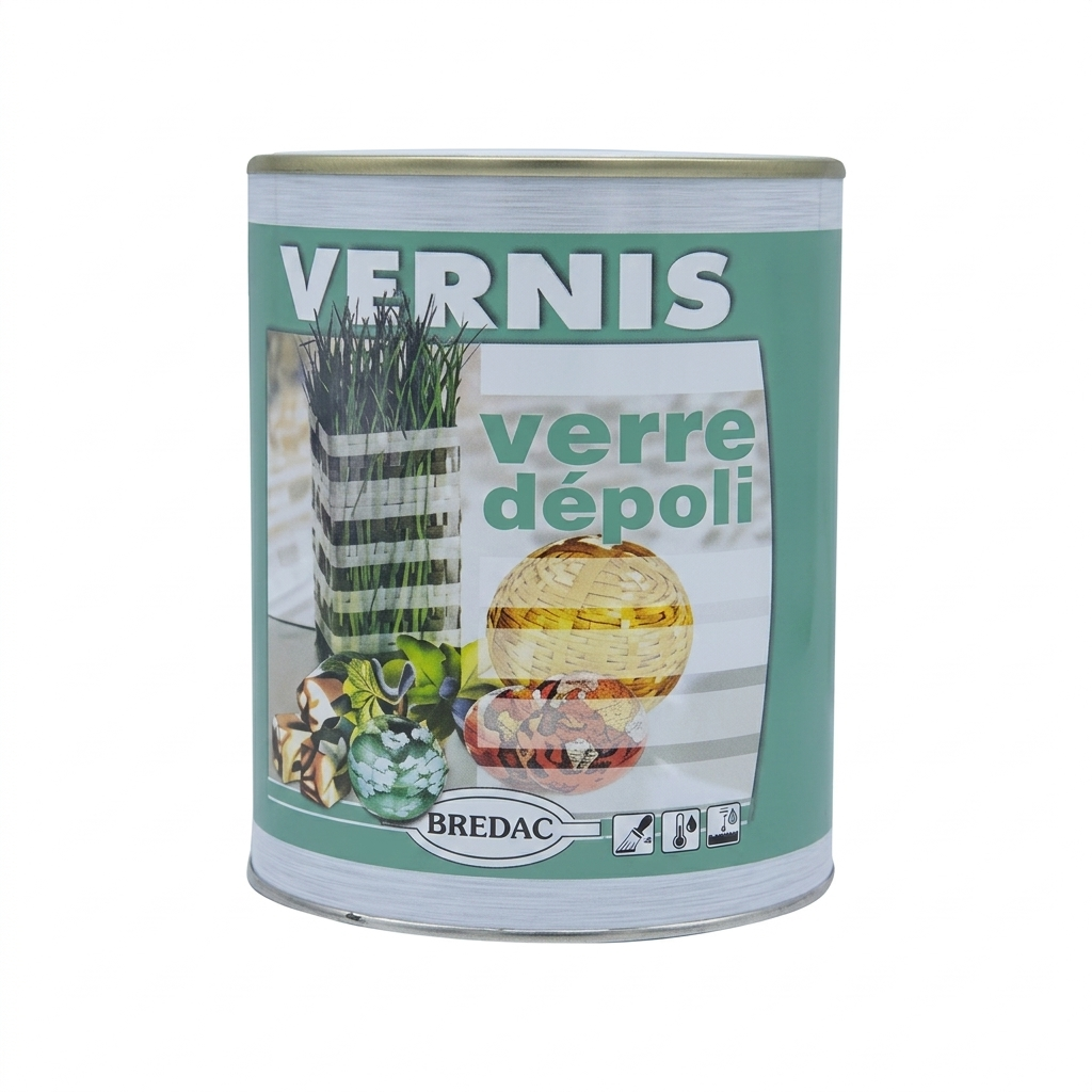 Pot de vernis effet verre dépoli de la marque Bredac pour vitrages et objets décoratifs.