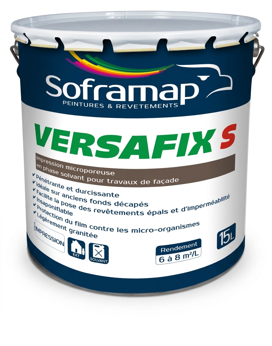 Bidon métallique d'impression microporeuse en phase solvant pour façade Soframap Versafix S de 15 litres.