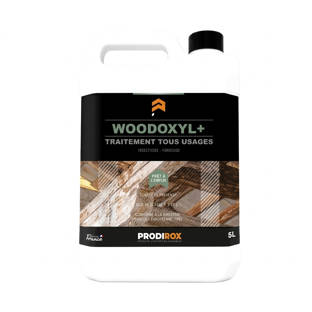 Bidon de 5L de traitement tous usages pour bois Woodoxyl+ de la marque Prodirox, action insecticide et fongicide