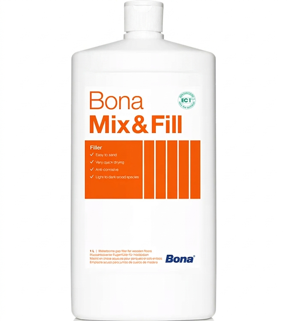 Bidon de 1L de Bona Mix & Fill, liant à base aqueuse pour la préparation de mastic pour parquets et sols en bois.