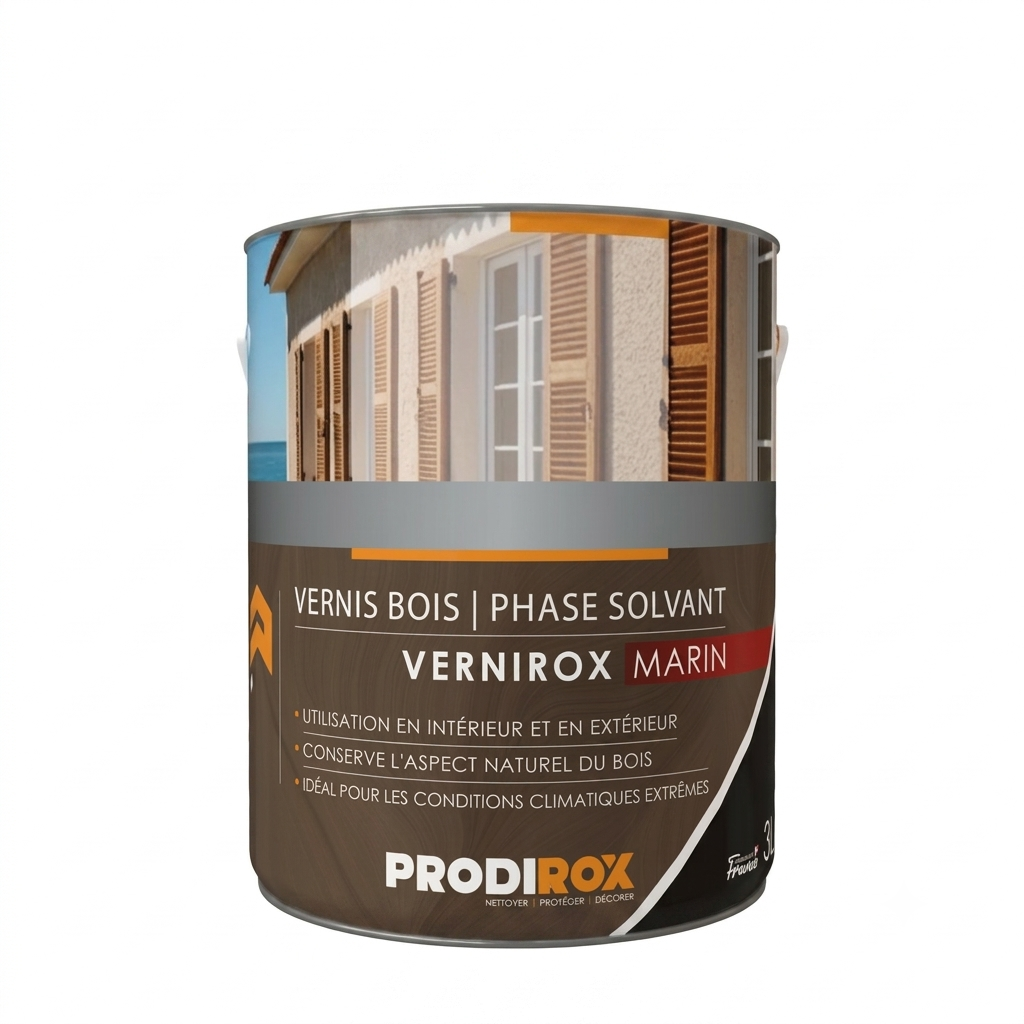 Bidon métallique cylindrique de vernis bois haute protection de qualité marine en phase solvant Prodirox Vernirox Marin de 3 litres.