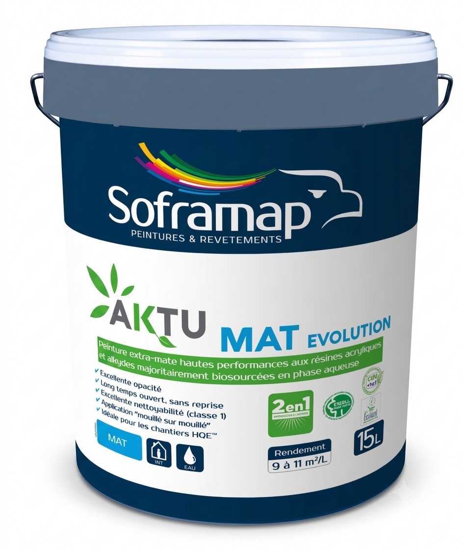 Grand seau en plastique blanc de peinture extra-mate hautes performances aux résines biosourcées Soframap Aktu Mat Evolution de 15 litres.