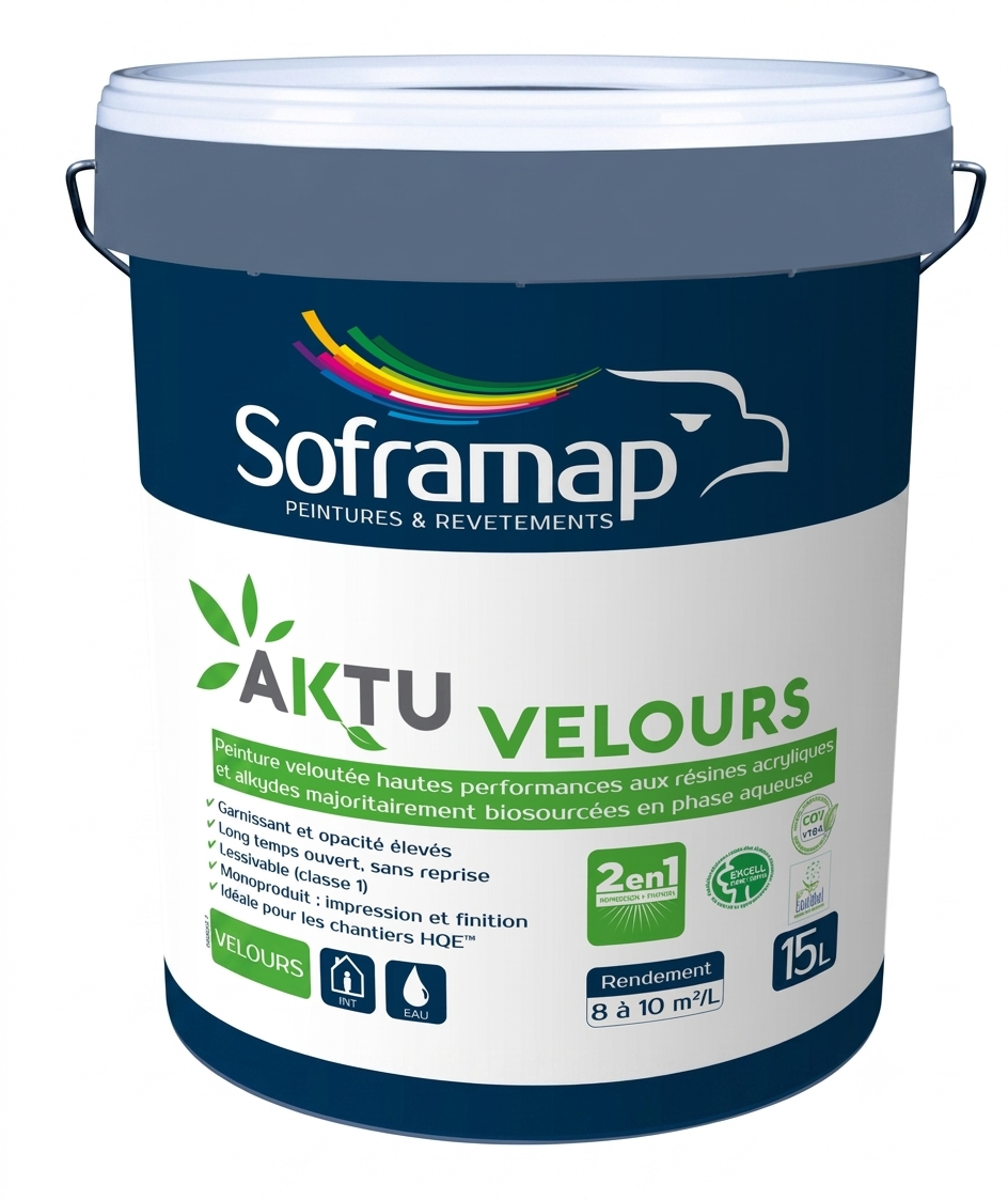 Grand seau en plastique blanc de peinture veloutée hautes performances aux résines biosourcées Soframap Aktu Velours de 15 litres.
