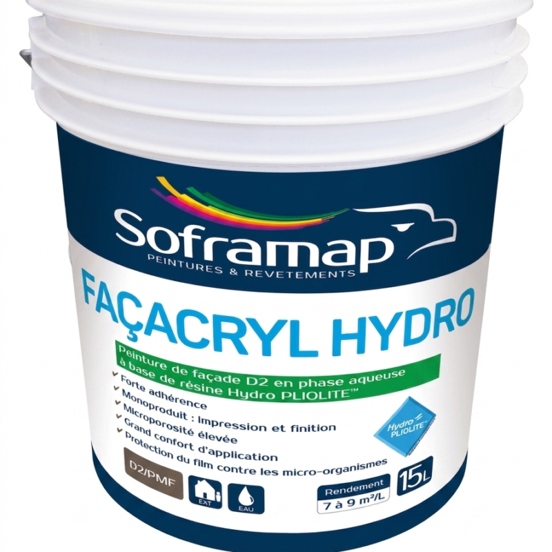 Grand seau en plastique blanc de peinture de façade D2 en phase aqueuse à base de résine Hydro PLIOLITE Soframap Façacryl Hydro de 15 litres.