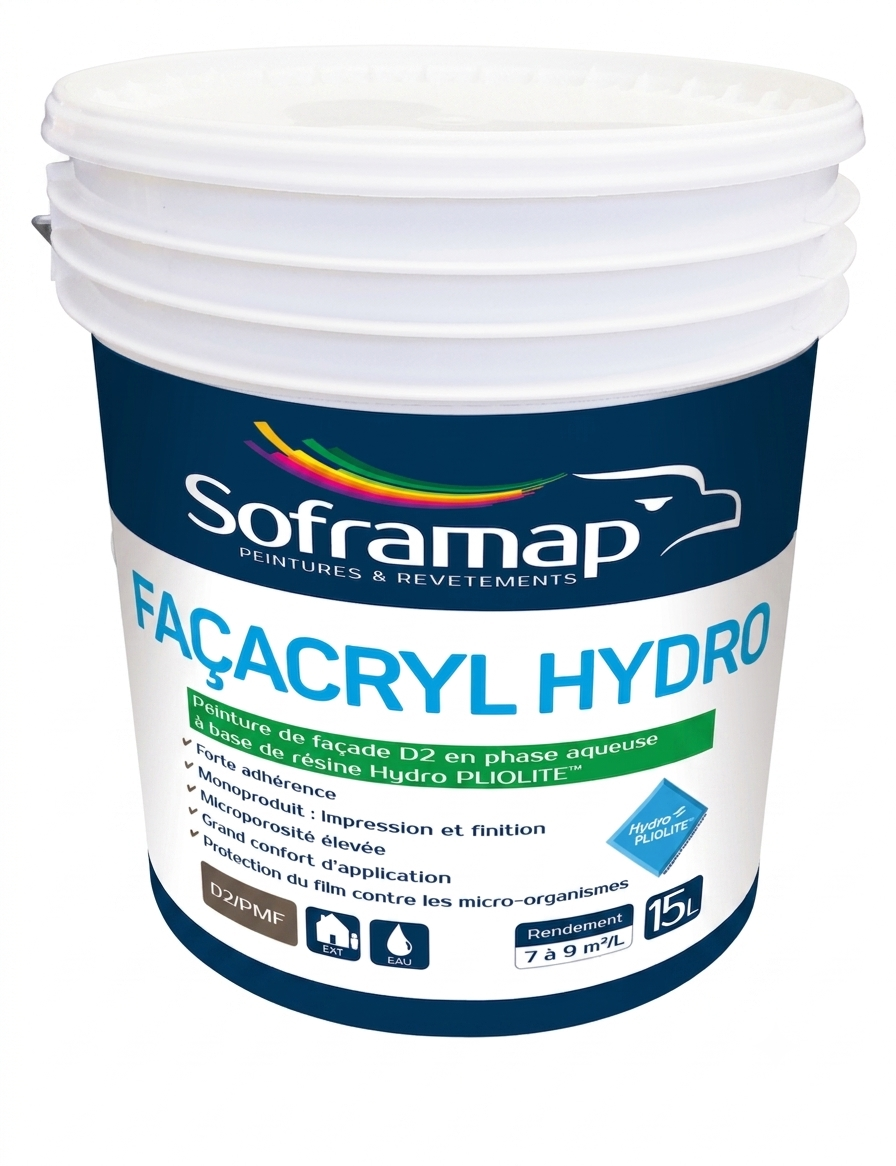 Grand seau en plastique blanc de peinture de façade D2 en phase aqueuse à base de résine Hydro PLIOLITE Soframap Façacryl Hydro de 15 litres.