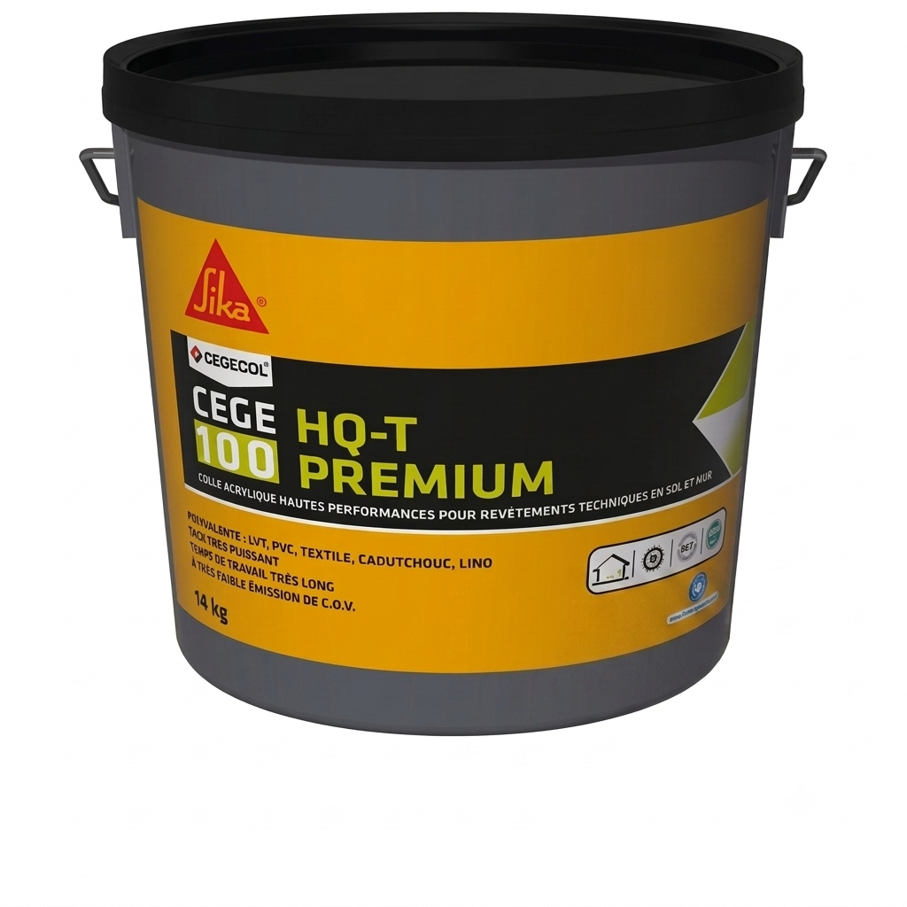 Grand seau cylindrique gris de colle acrylique hautes performances pour revêtements techniques Cegecol Cege 100 HQ-T Premium de 14 kg.