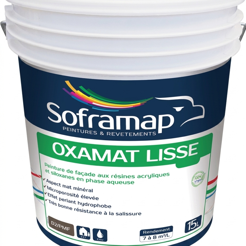 Grand seau en plastique blanc de peinture de façade aux résines acryliques et siloxanes en phase aqueuse Soframap Oxamat Lisse de 15 litres.